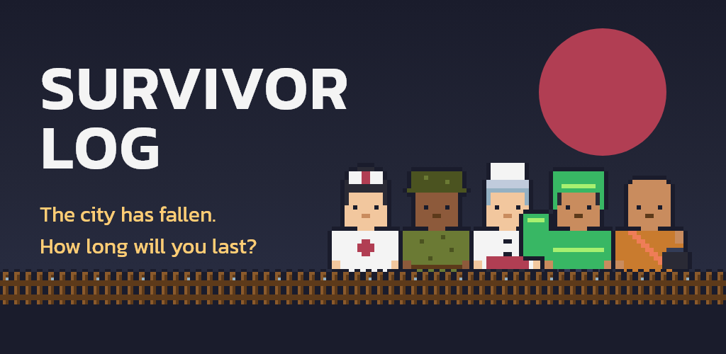 Survivor Log: pixel-art survivors behind a barricade under a red moon